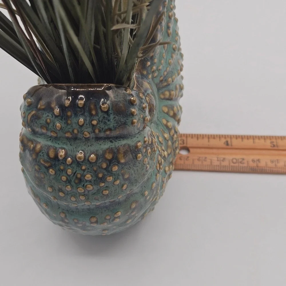 Nautilus Shell Ceramic Vase Teal Blue‎ Faux Grass Floral Arrangement Coastal